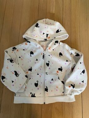 Girls White Zip-Up Hoodie with Black Cat Halloween Print
